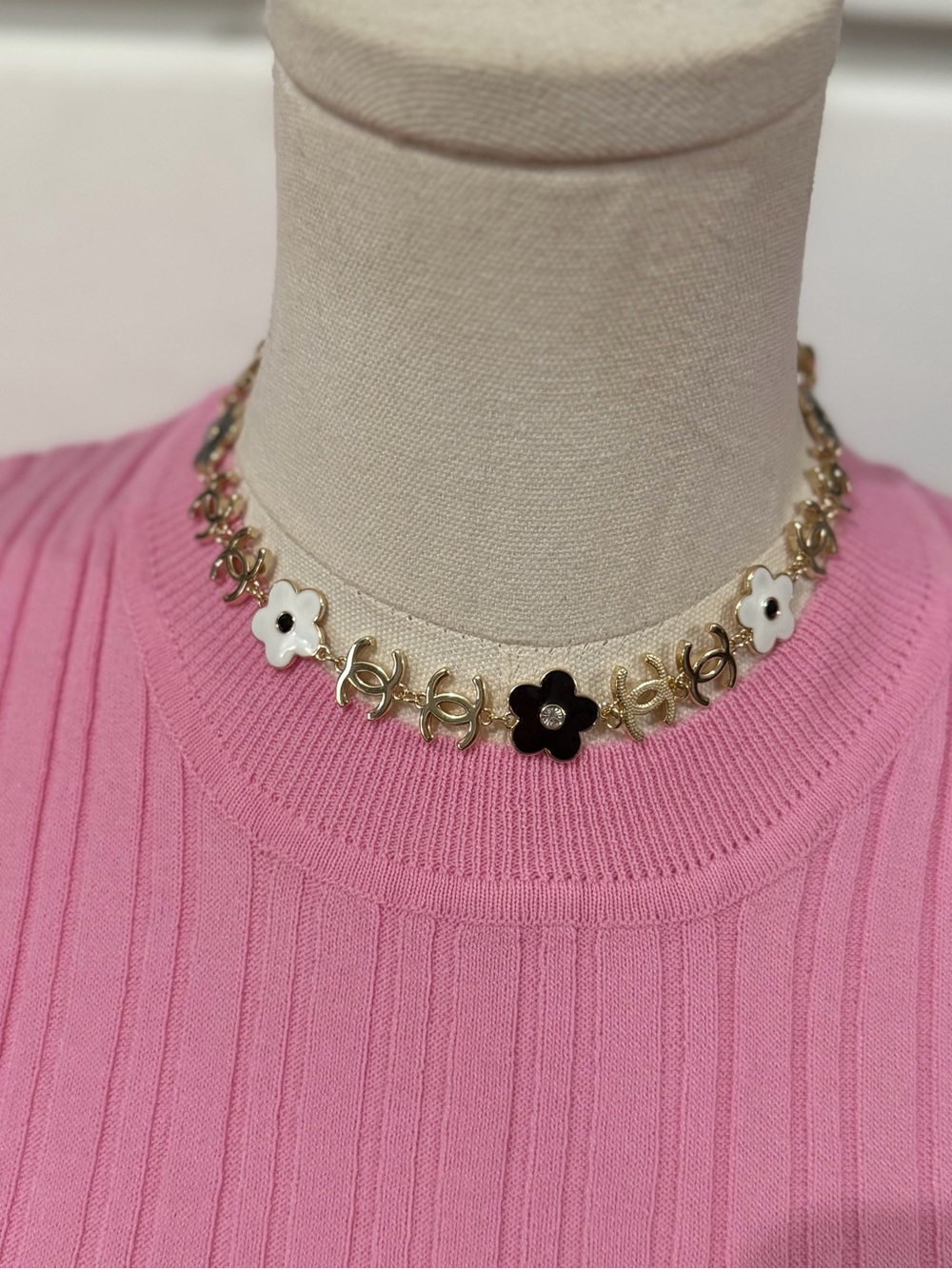 Gold Flower Link Necklace with Black and White Enamel Flowers
